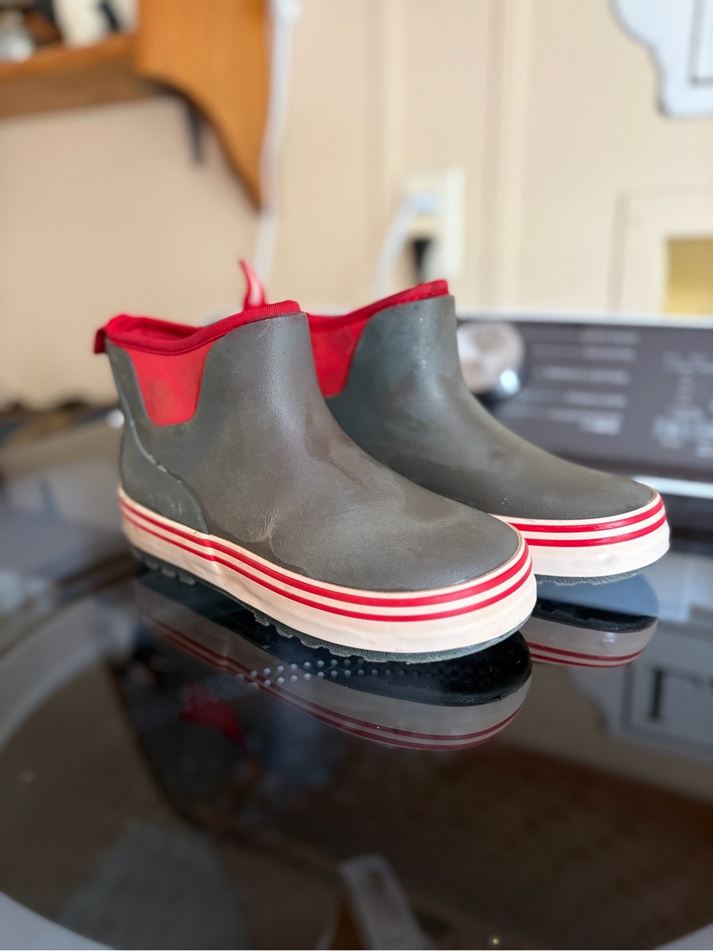 Magellan Outdoors Kids Gray and Red Slip-On Rain Deck Boots